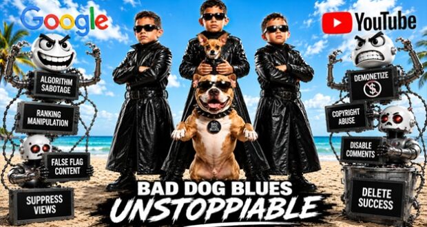 Bad Dog Blues Boon Brothers viral dog blues video thumbnail with mafia dogs and leather trench coats Title