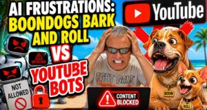 Boondogs Bark and Roll small vs YouTube Bots thumbnail showing AI frustrations with dogs, YouTube logo and content blocked concept