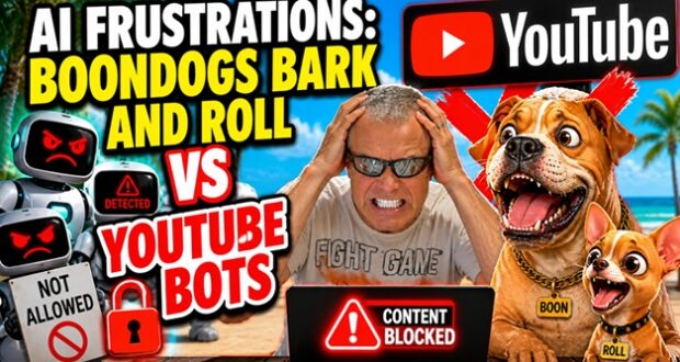 Boondogs Bark and Roll small vs YouTube Bots thumbnail showing AI frustrations with dogs, YouTube logo and content blocked concept